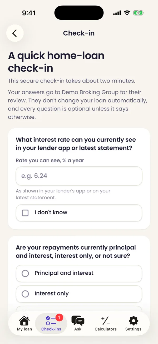 A home-loan check-in from a broker in Offsetly
